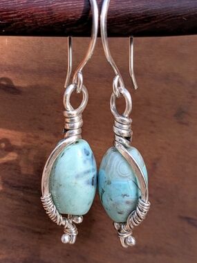 Coastal Sterling Silver Agate Gemstone Earrings Artisanal Wire-Wrapped Design